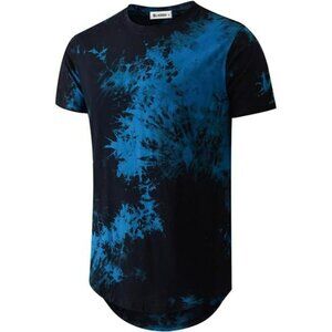 Mens Tie Dye T Shirt Urban Streetwear Hip Hop Curve Hem Cotton Casual Tee
